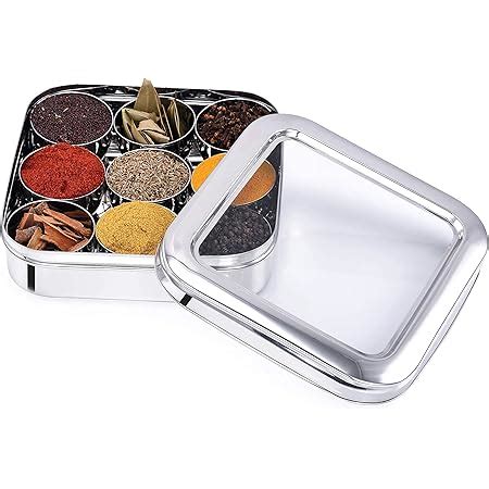 square spice box steel|indian spice box.